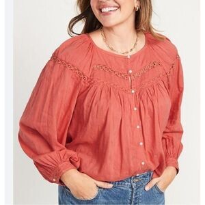 OLD NAVY Long-Sleeve Embroidered Lace-Trimmed Boho Cottagecore Blouse-XXL TALL